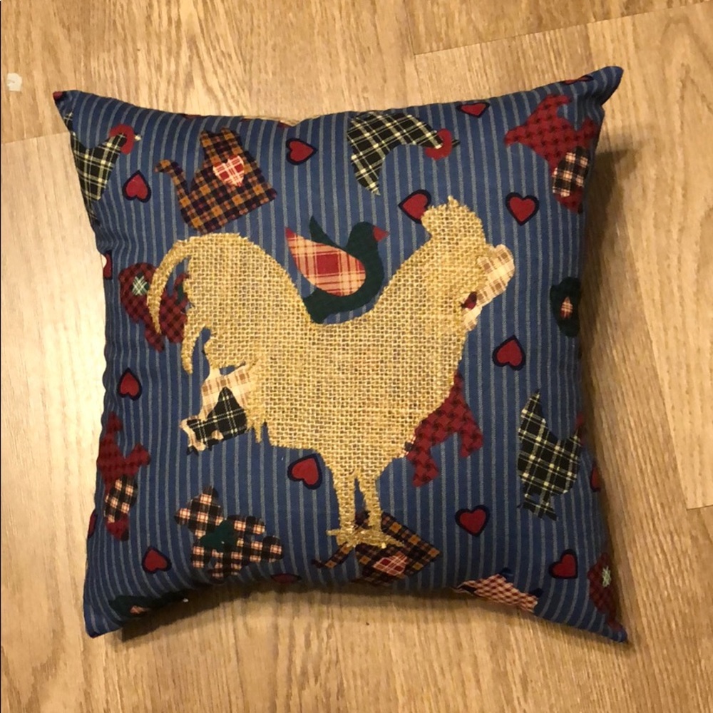 Vintage Blue Fabric Burlap Rooster Pillow